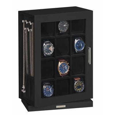 SONGMICS - Horloge Doos - Met 12 Vakken - 360° Draaibaar - Met Glasvenster en Sieradenhaken