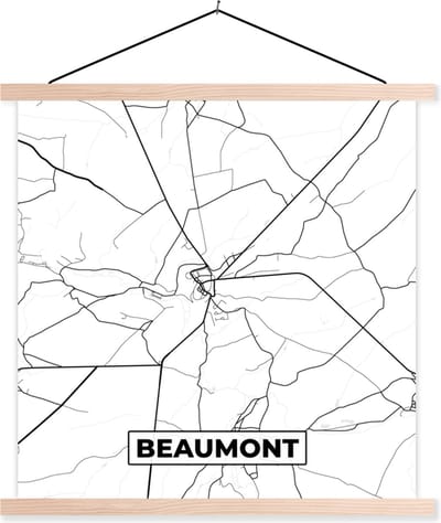 Posterhanger incl. Poster 40x40 cm - Schoolplaat - België – Beaumont – Stadskaart – Kaart – Zwart Wit – Plattegrond - Textielposter - Blanke latten - Stadskaart