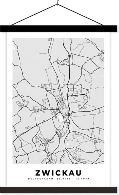 Posterhanger incl. Poster 40x60 cm - Schoolplaat - Duitsland - Plattegrond - Kaart - Zwickau - Stadskaart - Textielposter - Zwarte latten - Stadskaart
