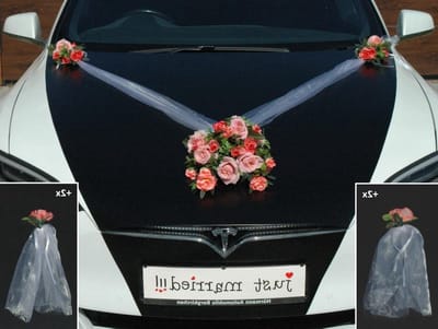 Autobouquet Bruiloft - Autoversiering Rozen - Bruiloft Decoratie - Met Zuignappen - 110 cm Sjerpen - Roze Mix