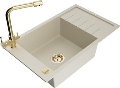 Mexen Elias granieten gootsteen 1-komor met afdruiprek en keukenkraan Duero, beige - 6511-69-671600-50
