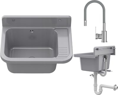 Granitan Gootsteen Paron voor Garage Stookruimte Wasruimte - met Sifon en Kraan - 50x34x31cm - Grijs