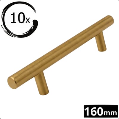10X RVS Handgreep 160mm Goud - T-greep Greepjes - Handgreep - Handgrepen keukenkastjes - Handvatten - Meubelgreep Goud - Handgrepen voor deurtjes