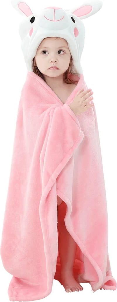 BoefieBoef Baby Kinderdeken Konijn – Superzachte Flanellen Fleece Badcape/Wikkelcape/Speelkleed – meisje – Schattige Babykleedje met Dierenprint – Origineel Kraamcadeau voor Baby's, Peuters en Kleuters – Perfect voor Kerst, Carnaval – Roze