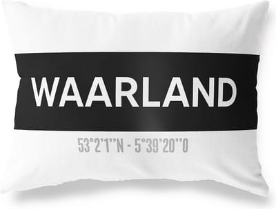 Tuinkussen WAARLAND - NOORD-HOLLAND met coördinaten - Buitenkussen - Bootkussen - Weerbestendig - Jouw Plaats - Studio216 - Modern - Zwart-Wit - 50x30cm