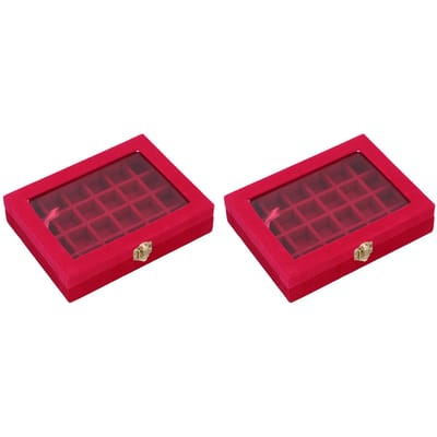 2 pièces Boîte de rangement pour bijoux en velours 24 compartiments Boîte d'exposition pour bagues et bijoux avec couvercle transparent pour boucles d'oreilles, bagues, bracelets red