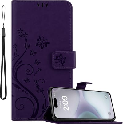 Cadorabo Hoesje geschikt voor Apple iPhone 16 PLUS in BLOEMEN DONKER PAARS - Beschermhoes in bloemmotief met magnetische sluiting, standfunctie en kaartsleuven Book Case Cover Etui