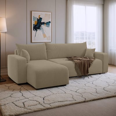 Hoekbank met opbergruimte Romee - Universeel - Teddy stof - Beige - Slaapbank met opbergruimte - Lounge Links of Rechts - Direct Leverbaar - Hoekzetel - Chaise longue - Zetel met slaapgedeelte - 3 zits - Zitcomfort Medium