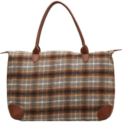 Sac à main à carreaux contrastés rétro décontracté pour femme Sac de rangement pour vêtements d'intérieur Bagage Large gris