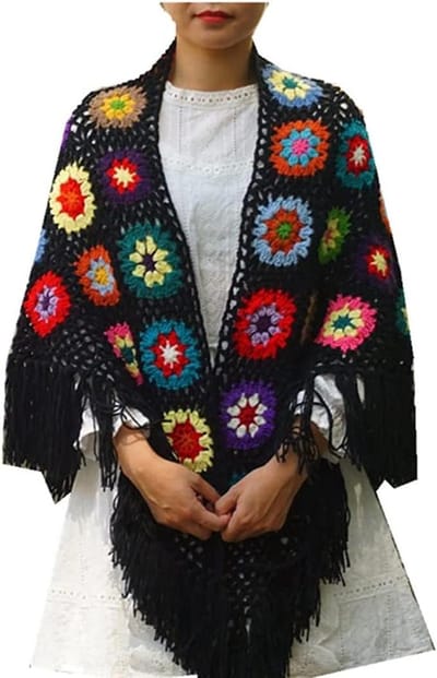 Handgemaakte Sjaal - Gehaakte Poncho - Warm Blijven - Uniek Granny Square - 175 x 85 cm - Bloemenprint