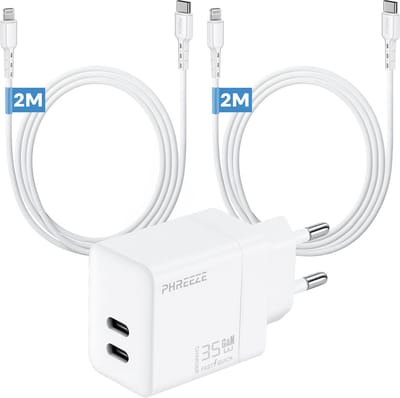 Phreeze usb C adapter - Geschikt voor iPhone en iPad met Lightning kabel - 35w GaN snellader met 2 kabels 2m