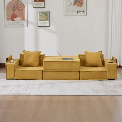 DESMIU Slaapbank 162 x 78 x 66 cm - 2-Zits Met 2 Kussens, Zijvakken En Bekerhouders - Voor Leeshoek En Spelkamer - Chenille - Mosterdgeel