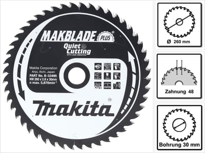 Makita Tafelzaagblad voor Hout | Makblade-Plus | Ø 260mm Asgat 30mm 48T - B-33495