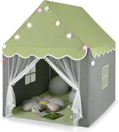 COSTWAY Kinderspeelhuis met sterrenverlichting, prinsessen-/prinsen-kindertent met raam en mat, speeltent met dubbel gordijn, kinderkasteel voor jongens en meisjes, groen