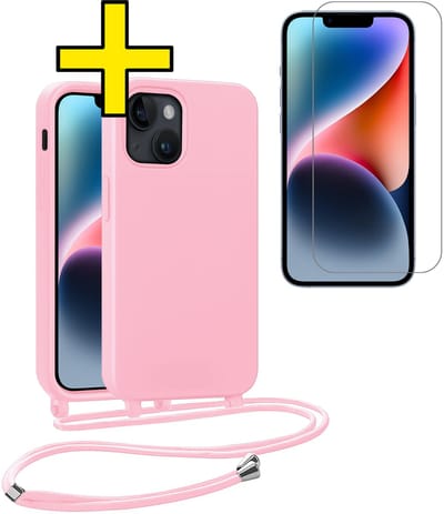Hoesje Geschikt voor iPhone 13 Mini Hoesje Met Koord Met Screenprotector Siliconen Case - Hoes Geschikt voor iPhone 13 Mini Backcover Met Afneembaar Koord - Lichtroze