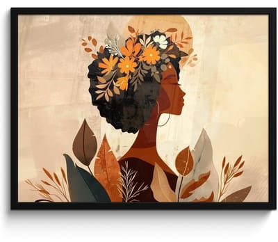 Poster in lijst - Fotolijst 70x50 cm - Posters - Vrouw - Krullen - Bloemen - Beige - Posterlijst zwart - Decoratie - Wanddecoratie woonkamer - Muurdecoratie slaapkamer