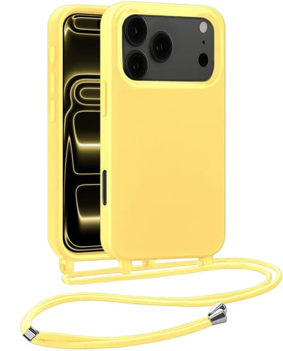 Hoesje Geschikt voor iPhone 17 Pro Hoesje Met Koord Siliconen Case - Hoes Geschikt voor iPhone 17 Pro Backcover Met Afneembaar Koord - Geel