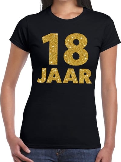 18 jaar goud glitter tekst t-shirt zwart dames - dames shirt 18 jaar - verjaardag kleding XS