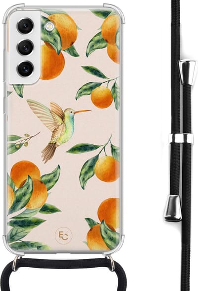 Hoesje met koord geschikt voor Samsung Galaxy S21 FE - Tropical fruit - Inclusief koord - Crossbody beschermhoes - Transparant, Oranje - ELLECHIQ