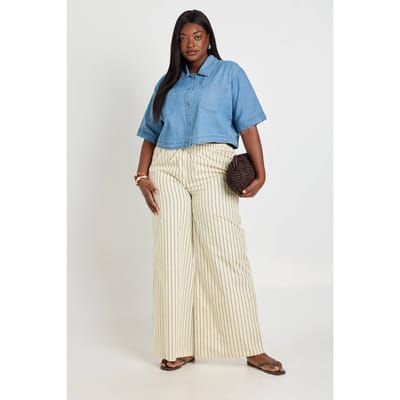 boohoo Dames Plus Gestreepte Poplin Wijde Broek Met Trekkoord | Citroen | Maat: 44