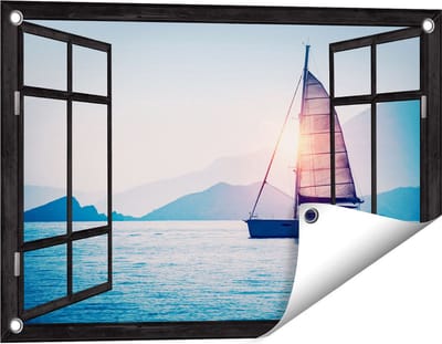 Gards Tuinposter Doorkijk Zeilboot bij Zonsondergang - 60x40 cm - Tuindoek - Tuindecoratie - Wanddecoratie buiten - Tuinschilderij