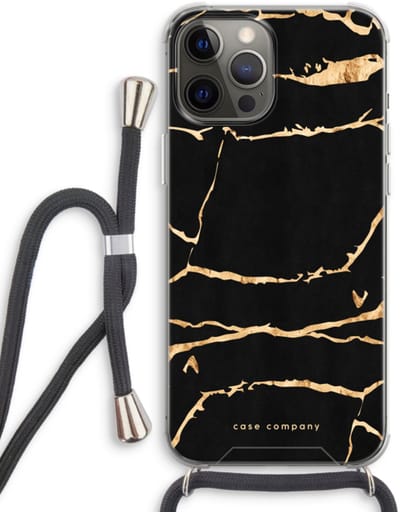 Case Company® - Hoesje met koord geschikt voor iPhone 12 Pro hoesje met Koord - Gouden marmer - Telefoonhoesje met Zwart Koord - Bescherming aan alle Kanten en Over de Schermrand