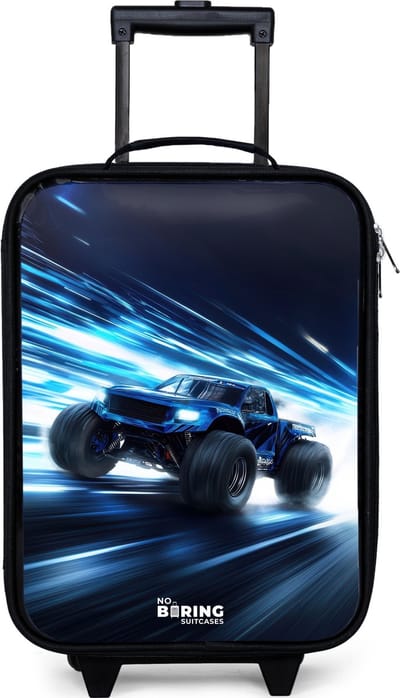NoBoringSuitcases.com® - Kinderkoffer jongen - Kindertrolley meisje - Monstertruck raast door lichtsnelheid - Koffer kind lichtgewicht - Reiskoffer trolley voor kinderen - Koffertje met lichtgevende wieltjes - Rolkoffer zwart