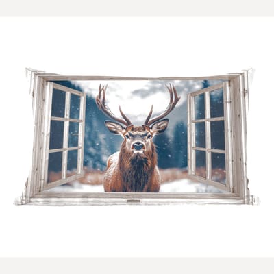 Sierkussens - Kussentjes Woonkamer - 50x30 cm - Hert - Dieren - Landschap - Winter - Sneeuw - Doorkijk - Natuur