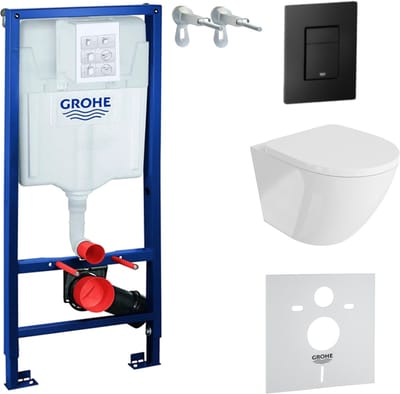 Inbouwreservoir Complete Toiletset Grohe Solido 39069000 - Inbouw WC Hangtoilet Wandcloset Sofi Wit Hoogglans - Bedieningsplaat EVEN 3in1 Zwart - Voorwandelement - Installatiesysteem