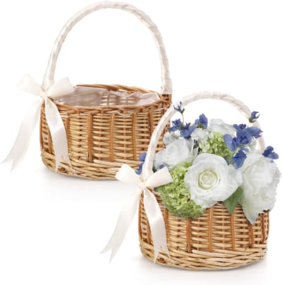 Handmand - Opbergmand - Gevlochten bloemenmand - 2-pack Handgemaakte bloemenmand - Cadeaubloemenmand - Bamboe rotan Opbergmand - Rieten rotan bloemenmand met handvat - Bloemblaadjesmand Snoep opbergmand - Rotan doos Woondecoratie - Wit
