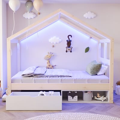 Hemelbed 90×190 cm - met lade en klein schoenenkastje - met LED-verlichting - eenpersoonsbed - houtkleur - zonder matras