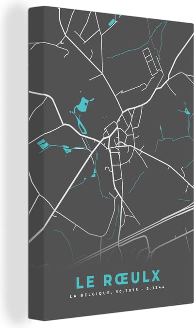 Canvas Schilderij Plattegrond – Le Rœulx – Blauw – Stadskaart - Kaart - 20x30 cm - Wanddecoratie
