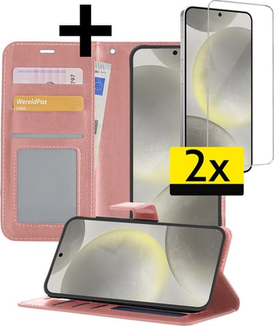 Hoesje - Met 2x Screenprotector - Geschikt voor Samsung Galaxy S24 - Luxe Pasjeshouder - Bookcase Portemonee - Flip Case - Kunstleer Book Case - Flipcase Hoes - Book Cover - Walletcase - Portemonneehoes - Telefoonhoesjes - Rosé goud