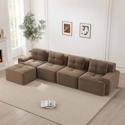 MODENUIT Sofa - Modulaire 4-Zits Hoekbank Met Chaise Longue - Diepe Zitting - Voor Woonkamer - Cord Bruin