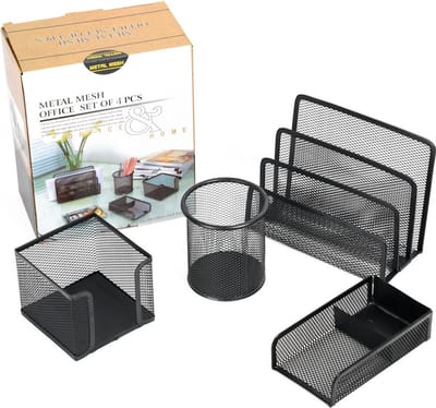 4 Delige Bureau Organizer SET - Pennenbakje - Brievenbak - Memobox - Paperclip - Visitekaartjes houder - Briefhouder