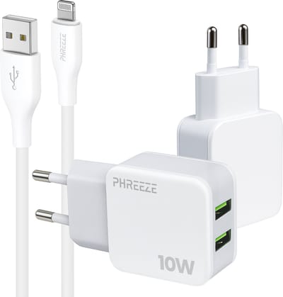 Phreeze usb oplader geschikt voor iPhone 14 13 12 11 X XR XS Max Pro Mini Plus en iPad met Lightning kabel - 10 W dubbele usb adapter - 1 meter
