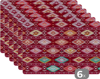 Placemat - Placemats kunststof - Patroon - Native American - Amerika - 45x30 cm - 6 stuks - Hittebestendig - Anti-Slip - Onderlegger - Afneembaar