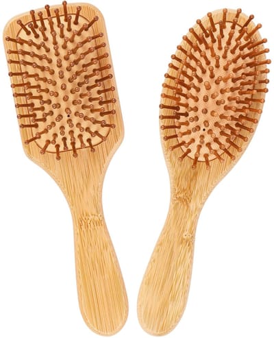 Dailygoods - AKONE Haarborstel van bamboe, 2 stuks, natuurlijke haarborstel van hout, haarborstels met ronde kop en bamboetanden, haarkam met luchtkussen, geen haarschade, draagbare haarmassageborstel, rond en
