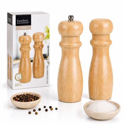 EasyMart Peper- en Zoutmolenset 2 Stuks – Van Bamboe – Keramisch Maalwerk – Handmatig en Hervulbaar – 150 ml – Voor Keuken en Eettafel