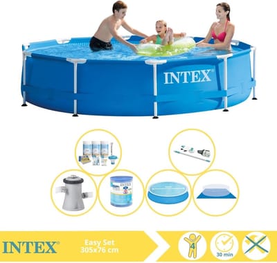 Intex Rond Frame Zwembad - 305 x 76 cm - Blauw - Inclusief Solarzeil - Onderhoudspakket - Zwembadfilterpomp - Filter - Grondzeil - Stofzuiger - 7-delig