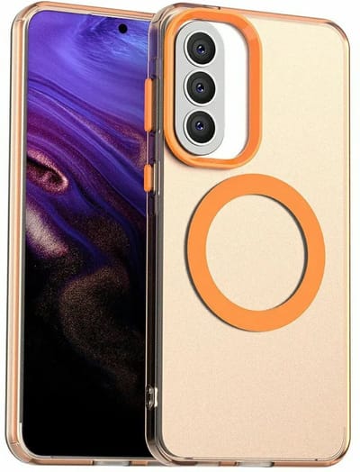 MagSafe Compatibel Backcover Hoesje Geschikt voor Samsung Galaxy A57 - Oranje & Semi-Transparant Design - Stijlvol & Goede Bescherming