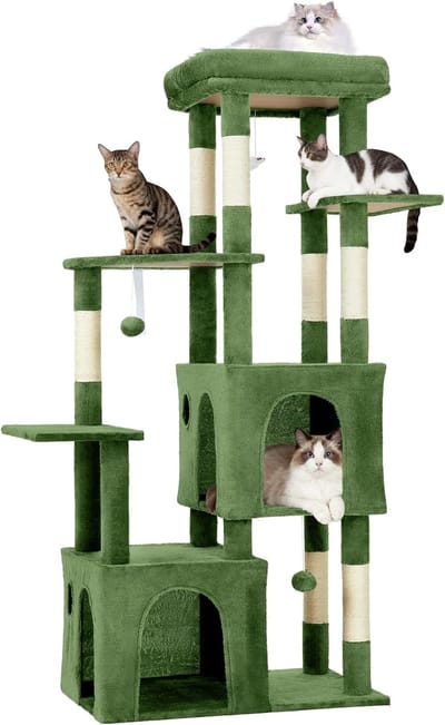Krabpaal - Kattenkrabpaal 155 cm voor grote katten & Maine Coon - Meerniveaus klimboom met XL ligplateau, 2 ruime kattenhuisjes, 7 sisal krabpalen & speeltjes - Groen -72x45x155CM