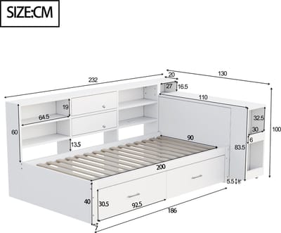 Slaapbank 90 x 200 cm - met opbergruimte - lade - stopcontact - uitschuifbaar bureau - eenpersoonsbed - wit - zonder matras