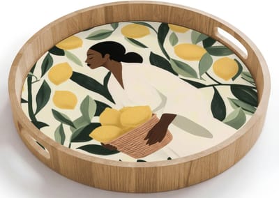 Dienblad rond 40x40 cm - Schootdienblad hout - Vrouw - Mand - Citroenen - Bladeren - Borrelplank rechthoek - Plateau houten dienbladen