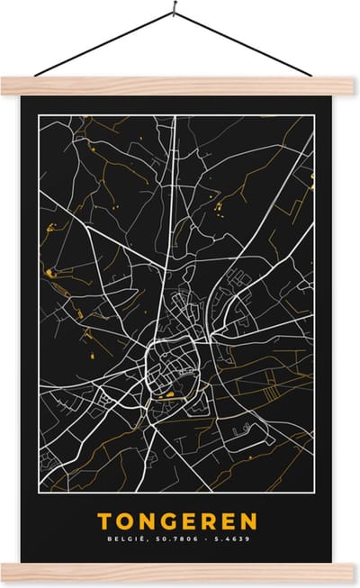 Posterhanger incl. Poster 40x60 cm - Schoolplaat - Goud - Tongeren - Plattegrond - Stadskaart - Kaart - Textielposter - Blanke latten - Stadskaart
