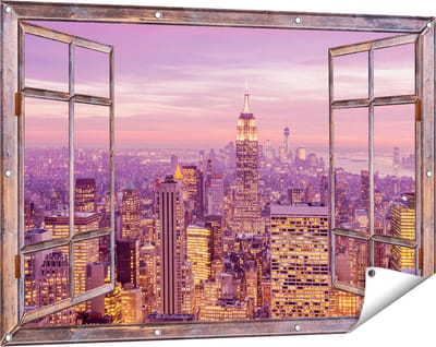 Gards Tuinposter Doorkijk New York Skyline met Lichten bij Zonsondergang - 120x80 cm - Tuindoek - Tuindecoratie - Wanddecoratie buiten - Tuinschilderij