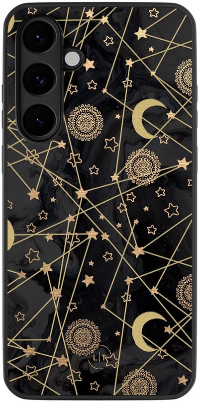 Leuke Telefoonhoesjes - Hoesje geschikt voor Samsung Galaxy S25 FE - Sterren, zon, maan - Backcover zwart - Print / Illustratie - Zwart, Goud