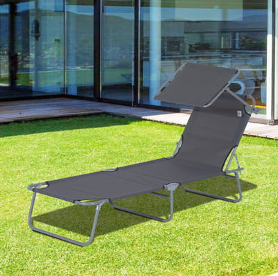 MIVRAY Ligbed 187 x 58 cm - Klapbaar Met Verstelbaar Zonnedak - Voor Tuin, Terras, Zwembad En Strand - Metaal Grijs