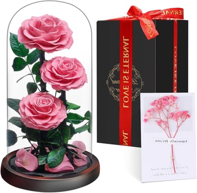 Eeuwige Roos Glas - Geconserveerde Bloem - Romantisch Cadeau - Echte Roos 3-5 Jaar - 8-9 cm Roos - Roze