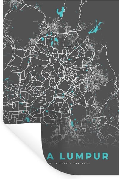 Muurstickers - Sticker Folie - Kuala Lumpur - Stadskaart - Plattegrond - Kaart - Blauw - 20x30 cm - Plakfolie - Muurstickers Kinderkamer - Zelfklevend Behang - Zelfklevend behangpapier - Stickerfolie
